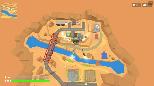 Dropping into the 1v1.LOL battle royale arena map above desert and river