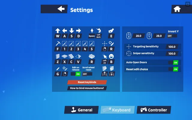 1v1.LOL Settings, Keyboard tab: WASD movement, Z wall, X floor, C ramp, V roof, E edit, F pickaxe