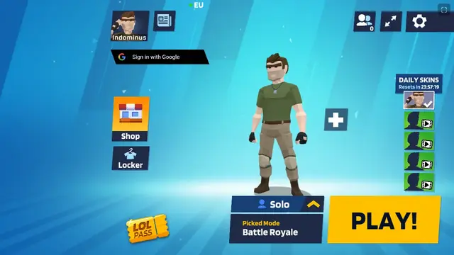 1v1.LOL main menu screen: Locker, Shop, Weapons and Battle Royale Mode