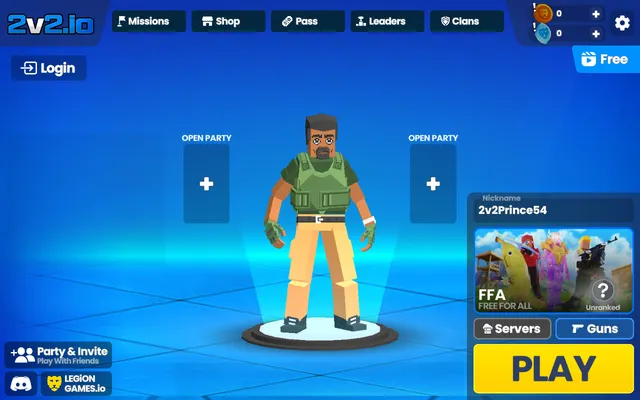 The 2v2 lobby with two OPEN PARTY slots either side of the player, the mode card and the PLAY button