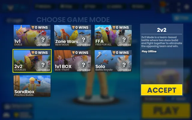 The Choose Game Mode screen with the 2v2 Doubles card selected