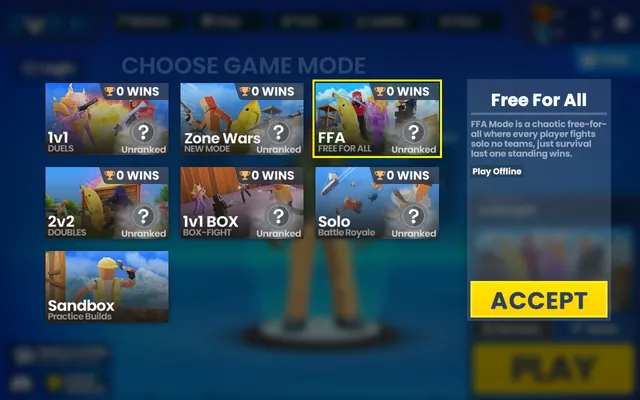 All seven modes: 1v1 Duels, Zone Wars, FFA, 2v2 Doubles, 1v1 Box-Fight, Solo Battle Royale and Sandbox